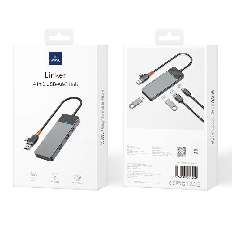 WIWU A431C Linker Series USB-A&C Hub Adapter 4-in-1 Portable Docking Station with 3 USB3.0+USB-C 3.0
