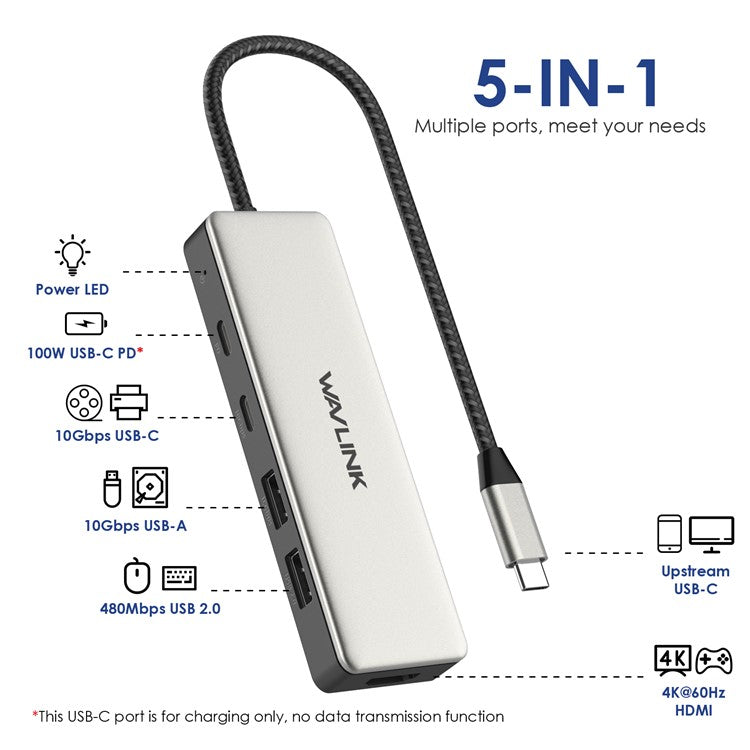 WAVLINK UHP3415 10Gbps Type-C Hub Adapter PD 100W Charging 4K HD Video Multi-Port Converter for MacBook