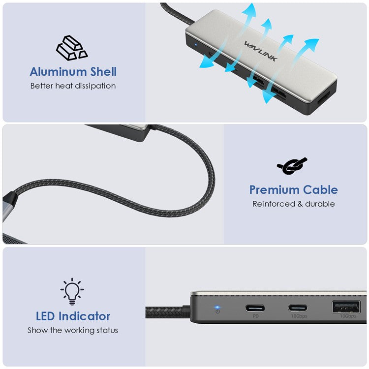 WAVLINK UHP3415 10Gbps Type-C Hub Adapter PD 100W Charging 4K HD Video Multi-Port Converter for MacBook