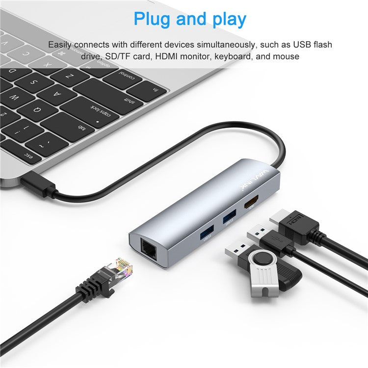 WAVLINK WL-UHP3408 4-in-1 Type-C to HD+2xUSB3.0+Gigabit RJ45 Docking Station USB Hub Adapter