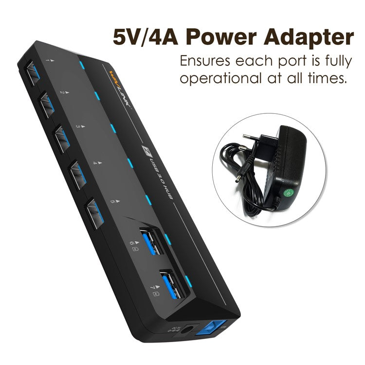 WAVLINK WL-UH3073D SuperSpeed USB3.0 Hub Adapter 7-Port Docking Station with Individual Power Button - UK Plug