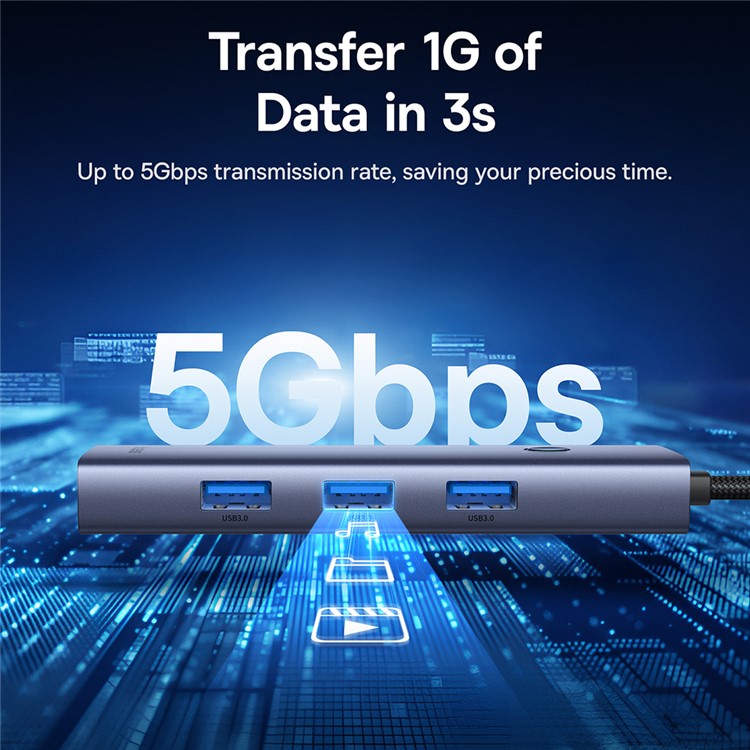 BASEUS UltraJoy Series 150CM Cable USB Adapter Hub Convert to 4 x USB 3.0 + Type-C 5V - Space Grey