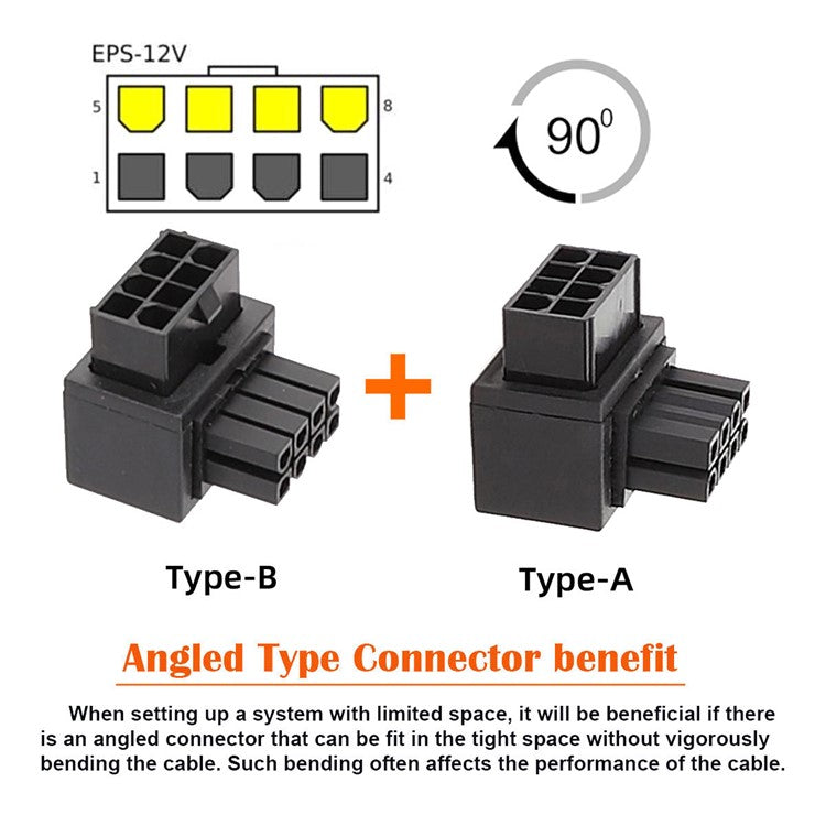 PW-054 2Pcs / Set ATX 8P EPS Male to Female 90 Degree Up+Down Angled Power Adapter for CPU 12V
