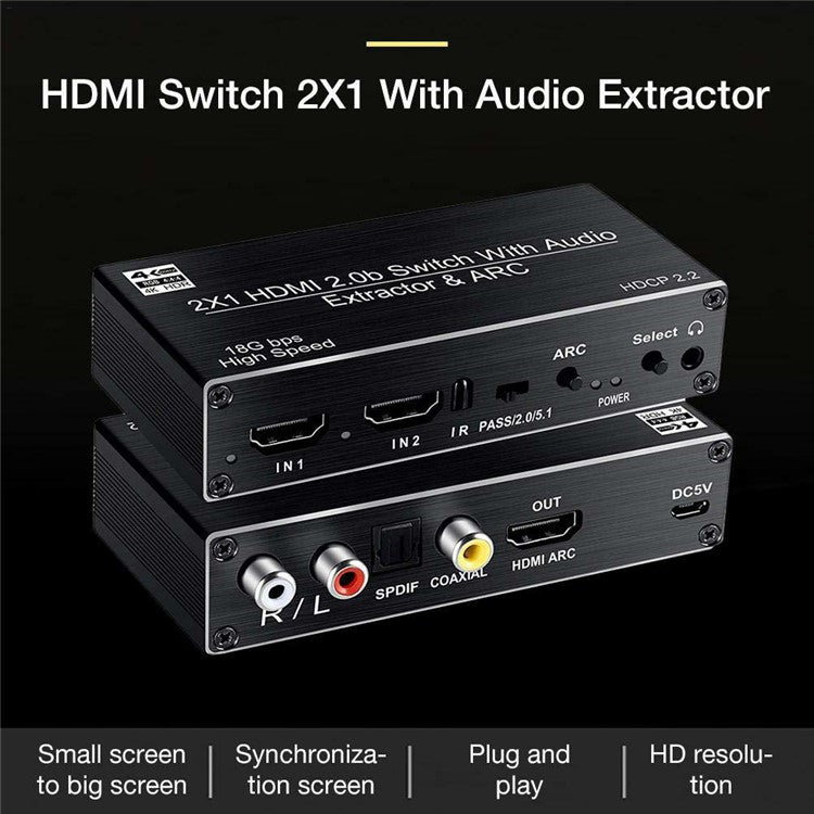 OZV2 HDMI Splitter 2 In 1 Out 4K 60HZ ARC HDCP2.2 HDMI 2.0 Converter Audio Extractor - UK Plug