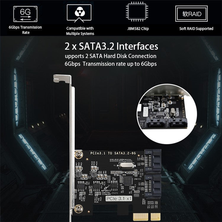 TXB116 SATA Hard Drive Expansion Card PCI-E 3.1 to 2-port SATA 3.2 6Gbps Adapter Card (Chip: JMB582)