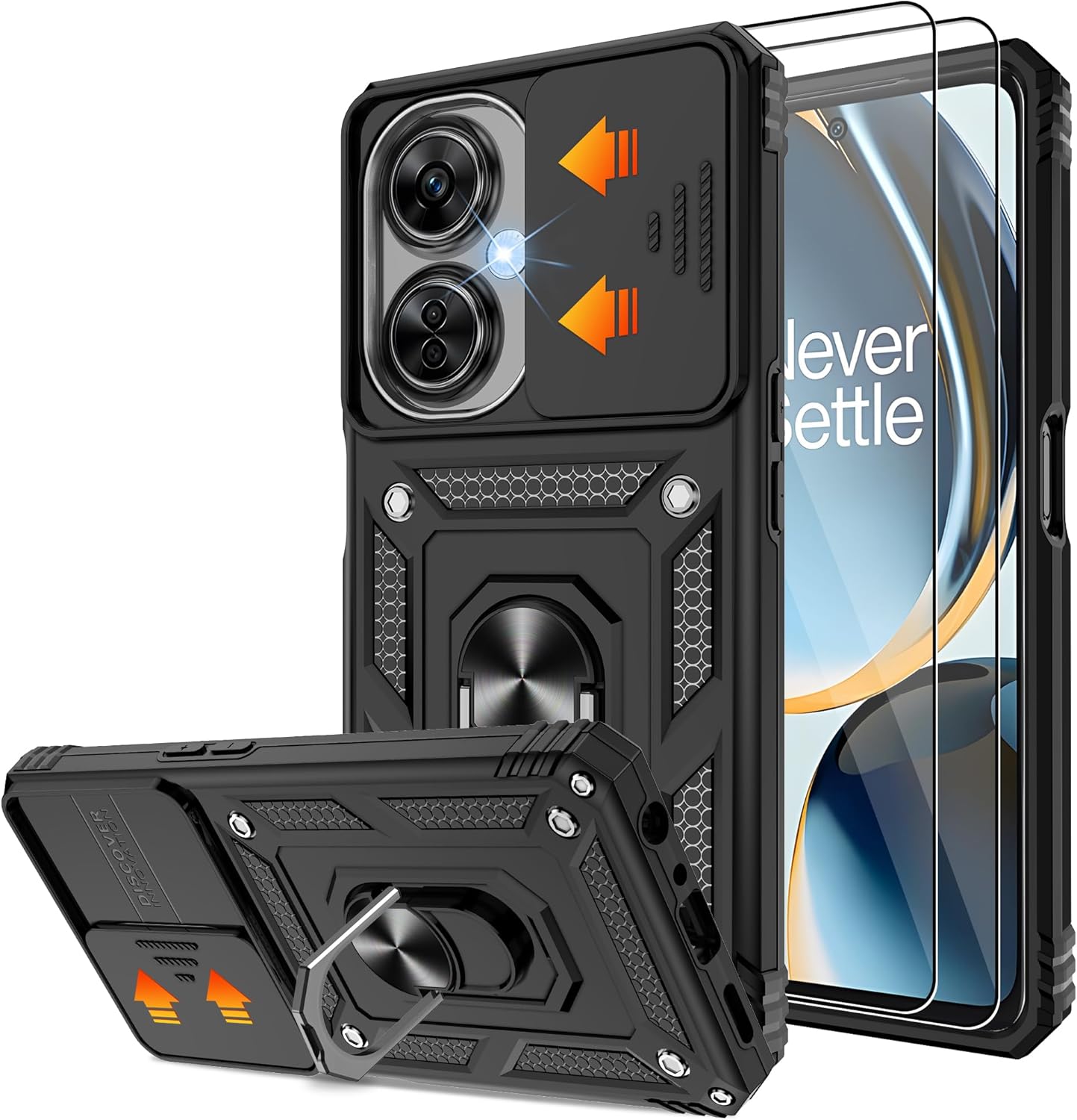 OnePlus Nord N30 5G Case with Slide Camera Cover & Screen Protector ,360° Rotating Ring Kickstand, Military Grade Protection, Black