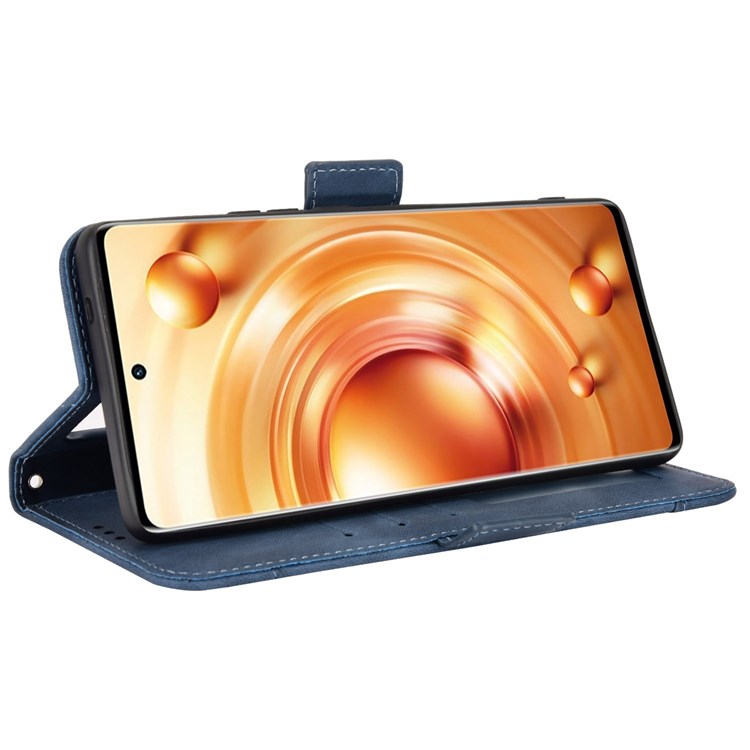 PU Leather Multiple Card Slots Double Magnetic Clasp Case for vivo X80 Pro 5G, Wallet Stand Style Phone Cover - Blue