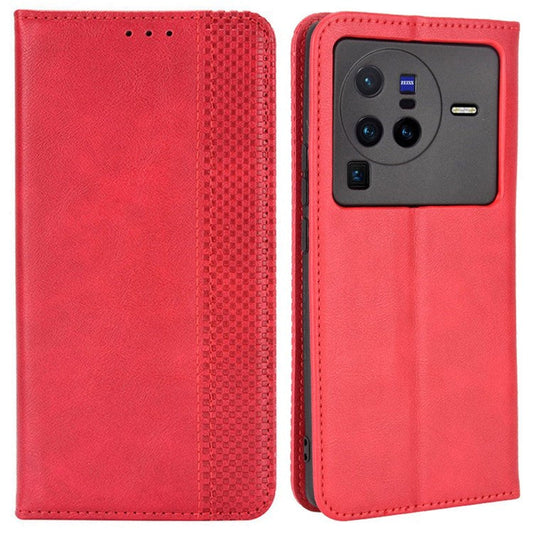 Retro Texture Anti-scratch Phone Case for vivo X80 Pro 5G, PU Leather Stand Wallet Magnetic Absorption Protective Cover - Red