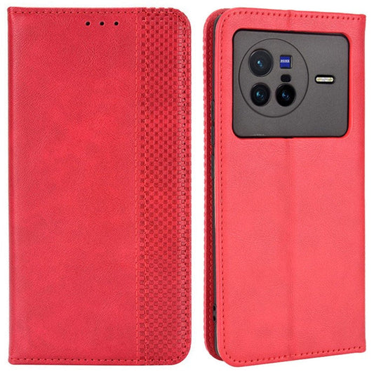For vivo X80 5G Flip Folio Book Phone Case Shockproof Retro Texture Scratch-resistant Phone Cover Magnetic Smartphone Shell - Red