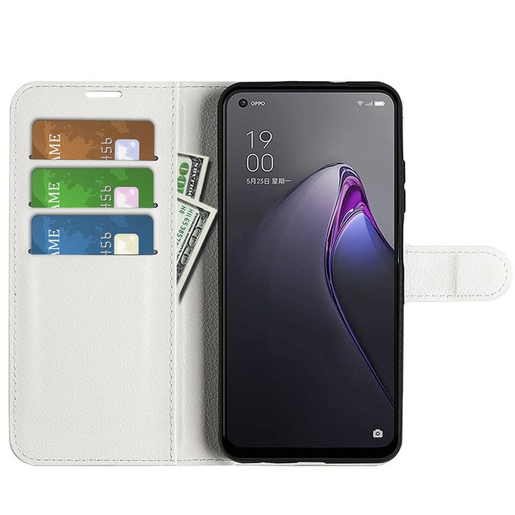 Litchi Texture Phone Case for Oppo Reno8 5G (Global Version) / Reno8 5G, Foldable Stand Anti-scratch PU Leather Wallet Case Shockproof Cell Phone Cover - White
