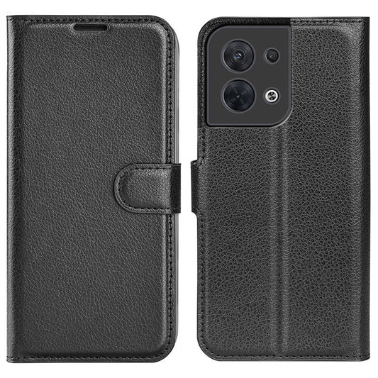 Litchi Texture Phone Case for Oppo Reno8 5G (Global Version) / Reno8 5G, Foldable Stand Anti-scratch PU Leather Wallet Case Shockproof Cell Phone Cover - Black