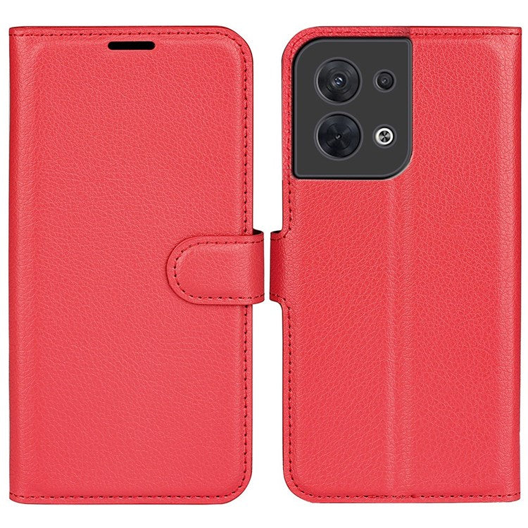 Litchi Texture Phone Case for Oppo Reno8 5G (Global Version) / Reno8 5G, Foldable Stand Anti-scratch PU Leather Wallet Case Shockproof Cell Phone Cover - Red