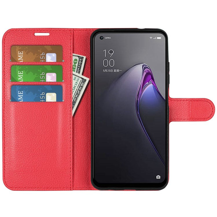 Litchi Texture Phone Case for Oppo Reno8 5G (Global Version) / Reno8 5G, Foldable Stand Anti-scratch PU Leather Wallet Case Shockproof Cell Phone Cover - Red