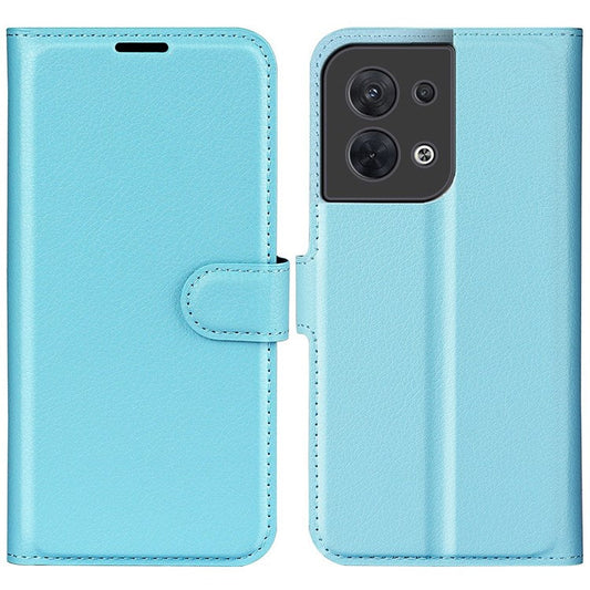 Litchi Texture Phone Case for Oppo Reno8 5G (Global Version) / Reno8 5G, Foldable Stand Anti-scratch PU Leather Wallet Case Shockproof Cell Phone Cover - Blue