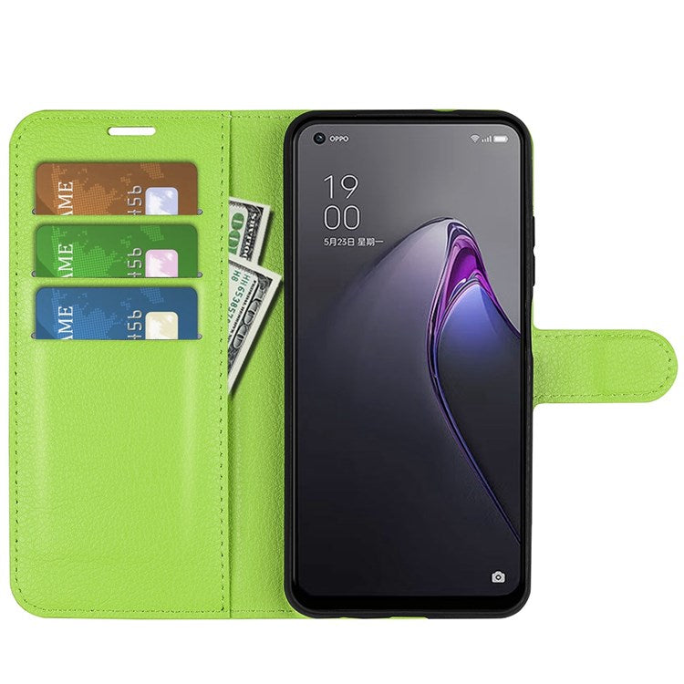 Litchi Texture Phone Case for Oppo Reno8 5G (Global Version) / Reno8 5G, Foldable Stand Anti-scratch PU Leather Wallet Case Shockproof Cell Phone Cover - Green