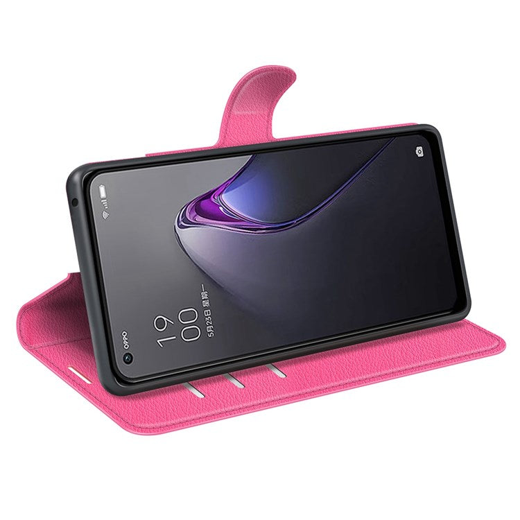 Litchi Texture Phone Case for Oppo Reno8 5G (Global Version) / Reno8 5G, Foldable Stand Anti-scratch PU Leather Wallet Case Shockproof Cell Phone Cover - Rose