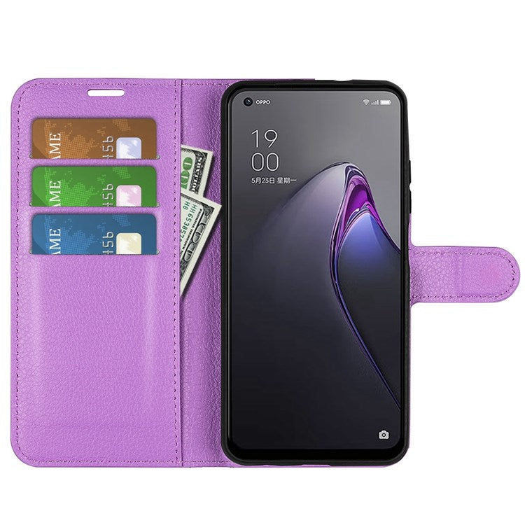 Litchi Texture Phone Case for Oppo Reno8 5G (Global Version) / Reno8 5G, Foldable Stand Anti-scratch PU Leather Wallet Case Shockproof Cell Phone Cover - Purple