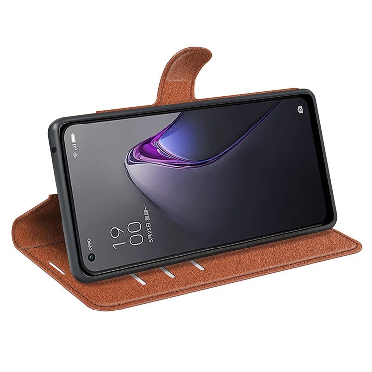 Litchi Texture Phone Case for Oppo Reno8 5G (Global Version) / Reno8 5G, Foldable Stand Anti-scratch PU Leather Wallet Case Shockproof Cell Phone Cover - Brown