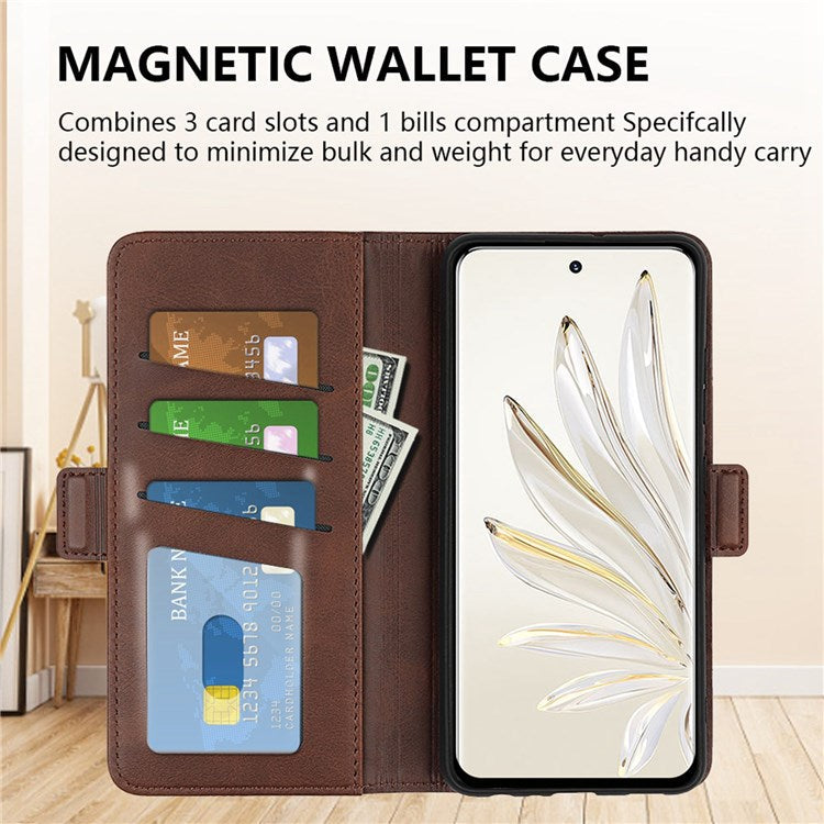 For Honor 70 5G PU Leather Wallet Case Dual Magnetic Clasp Stand Flip Protective Cover - Brown