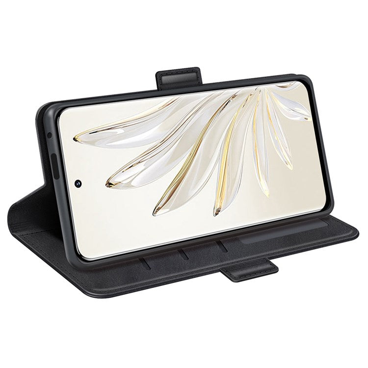 For Honor 70 5G PU Leather Wallet Case Dual Magnetic Clasp Stand Flip Protective Cover - Black