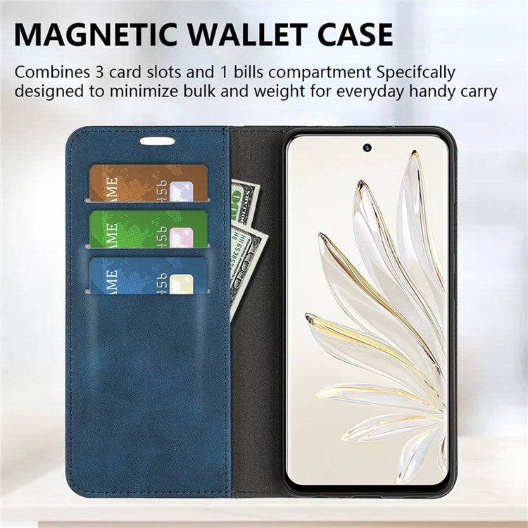 For Honor 70 5G Skin-touch Feeling PU Leather Case Magnetic Auto-absorbed Stand Shockproof TPU Flip Wallet Protective Cover - Blue