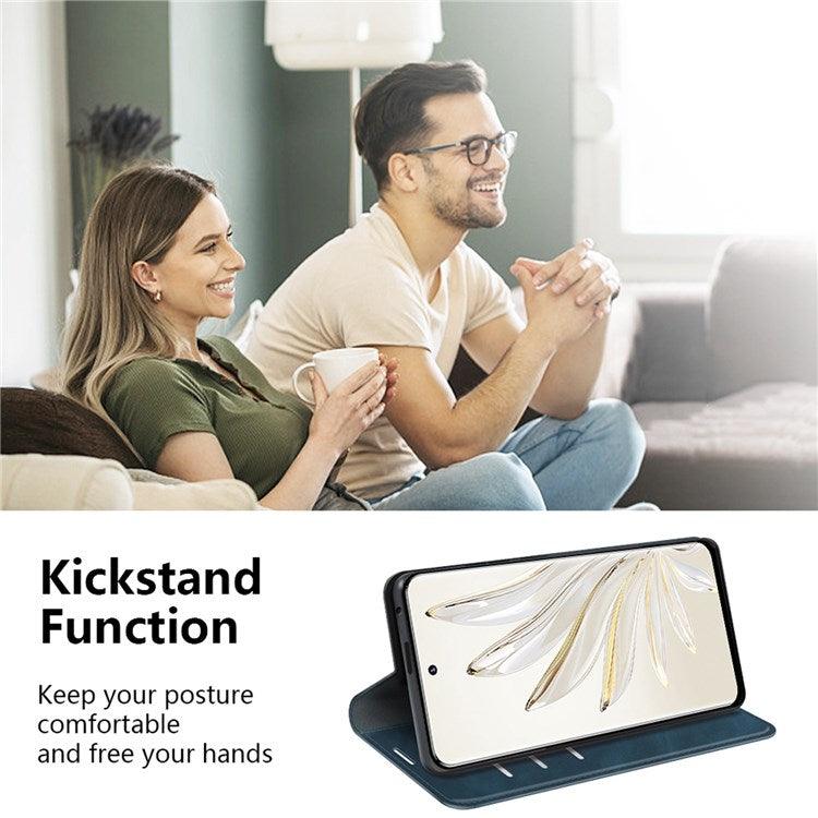 For Honor 70 5G Skin-touch Feeling PU Leather Case Magnetic Auto-absorbed Stand Shockproof TPU Flip Wallet Protective Cover - Blue