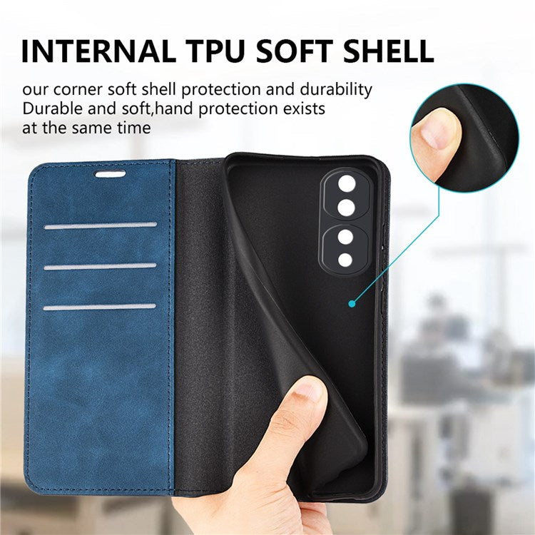 For Honor 70 5G Skin-touch Feeling PU Leather Case Magnetic Auto-absorbed Stand Shockproof TPU Flip Wallet Protective Cover - Blue