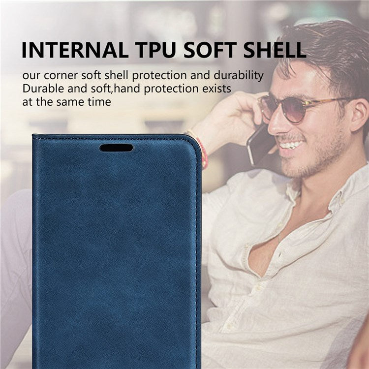 For Honor 70 5G Skin-touch Feeling PU Leather Case Magnetic Auto-absorbed Stand Shockproof TPU Flip Wallet Protective Cover - Blue