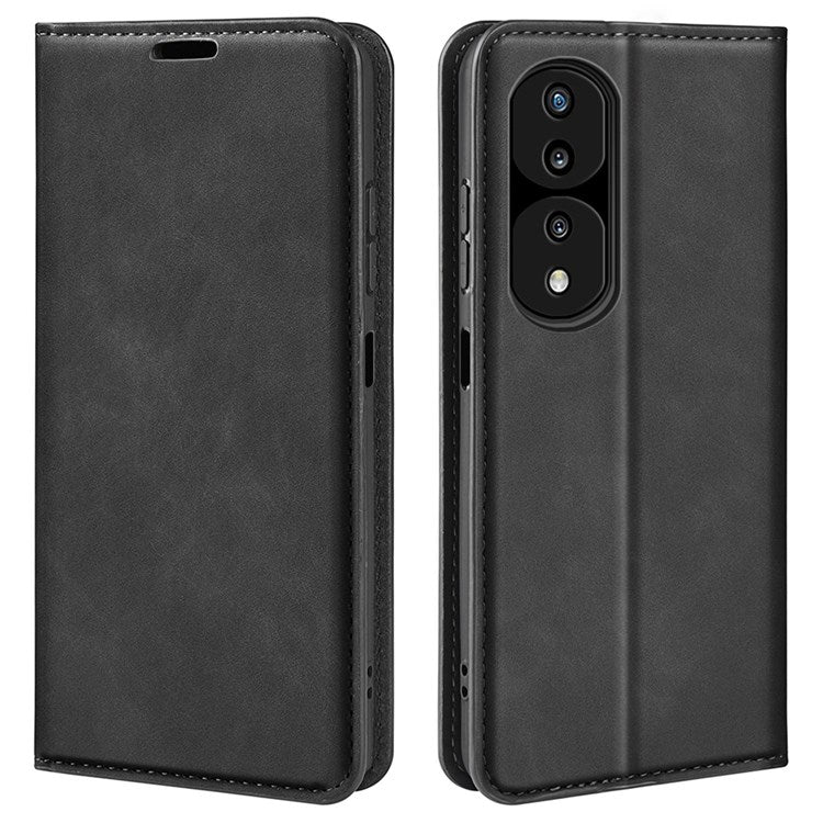 For Honor 70 5G Skin-touch Feeling PU Leather Case Magnetic Auto-absorbed Stand Shockproof TPU Flip Wallet Protective Cover - Black