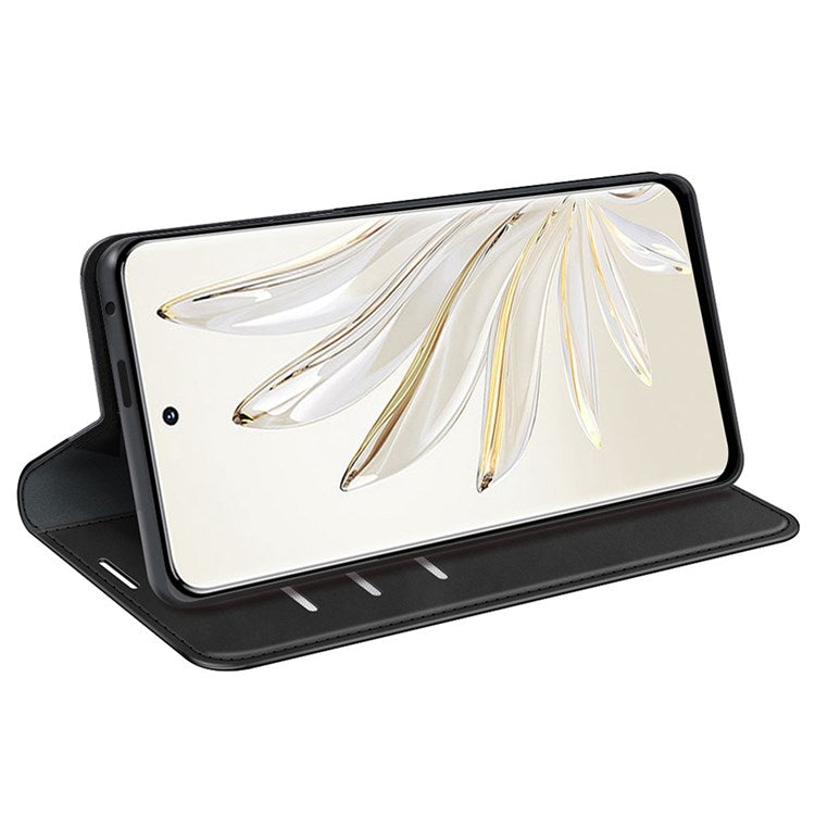 For Honor 70 5G Skin-touch Feeling PU Leather Case Magnetic Auto-absorbed Stand Shockproof TPU Flip Wallet Protective Cover - Black