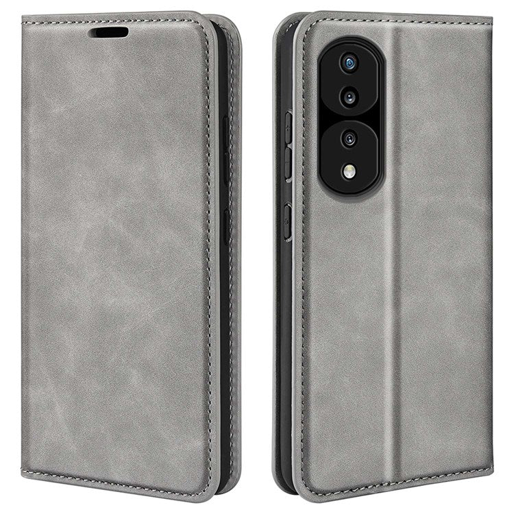 For Honor 70 5G Skin-touch Feeling PU Leather Case Magnetic Auto-absorbed Stand Shockproof TPU Flip Wallet Protective Cover - Grey