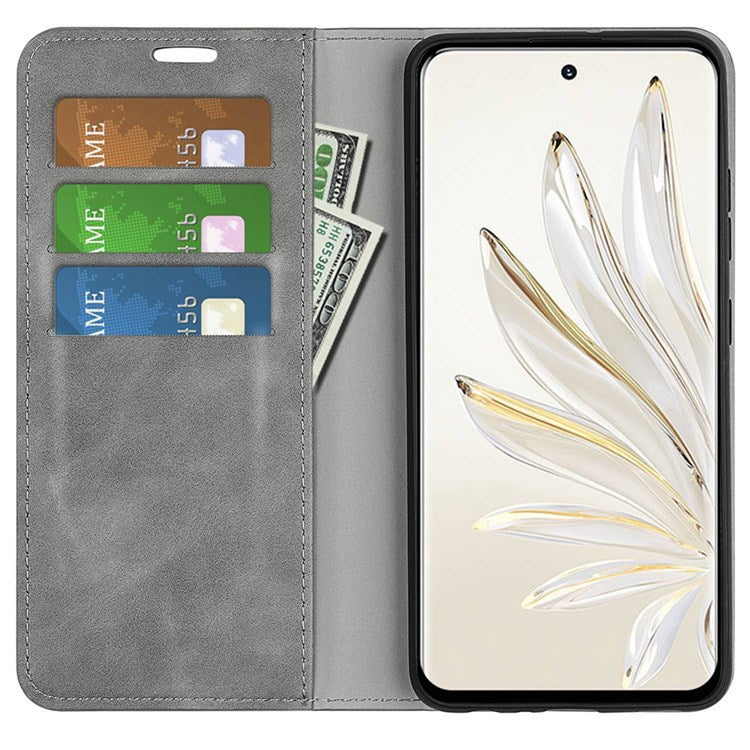 For Honor 70 5G Skin-touch Feeling PU Leather Case Magnetic Auto-absorbed Stand Shockproof TPU Flip Wallet Protective Cover - Grey