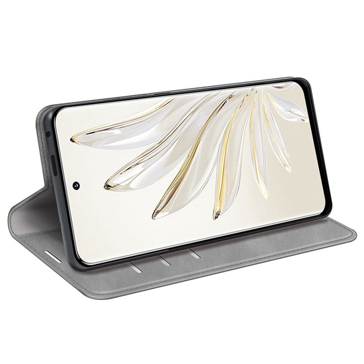 For Honor 70 5G Skin-touch Feeling PU Leather Case Magnetic Auto-absorbed Stand Shockproof TPU Flip Wallet Protective Cover - Grey