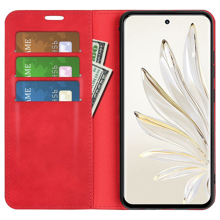 For Honor 70 5G Skin-touch Feeling PU Leather Case Magnetic Auto-absorbed Stand Shockproof TPU Flip Wallet Protective Cover - Red
