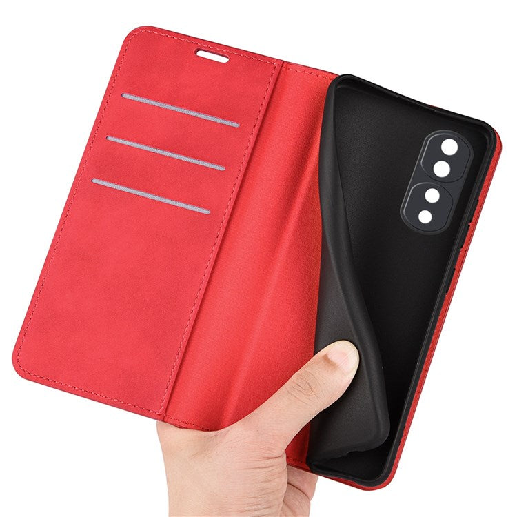 For Honor 70 5G Skin-touch Feeling PU Leather Case Magnetic Auto-absorbed Stand Shockproof TPU Flip Wallet Protective Cover - Red