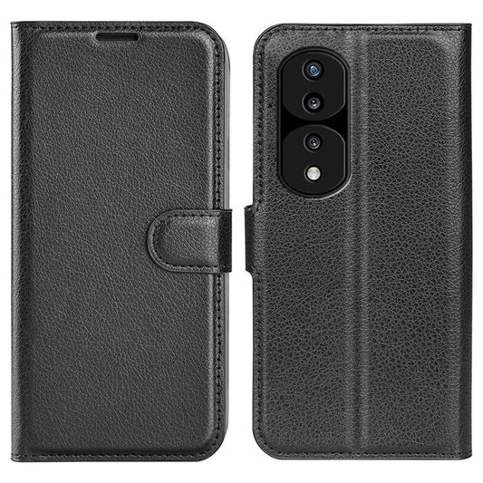 For Honor 70 5G Litchi Texture Wallet Case PU Leather Stand Shockproof TPU Inner Shell Flip Folio Cover - Black