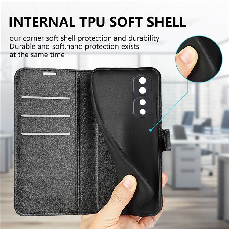 For Honor 70 5G Litchi Texture Wallet Case PU Leather Stand Shockproof TPU Inner Shell Flip Folio Cover - Black