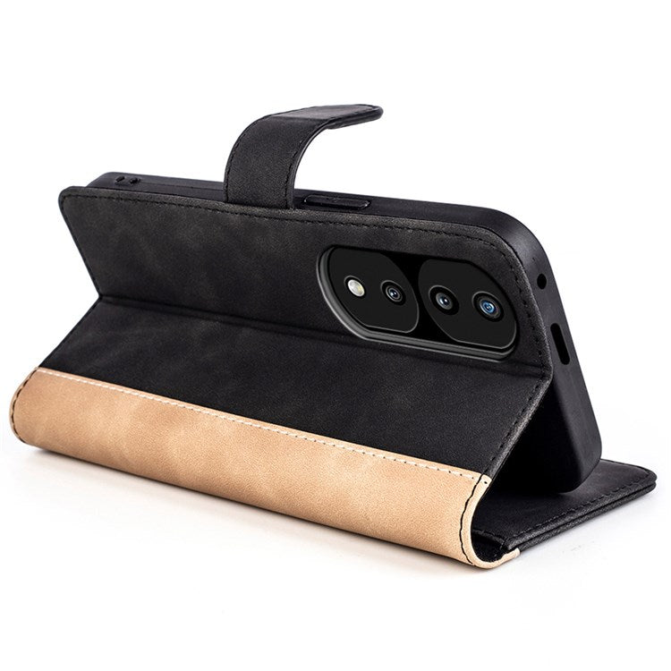For Honor 70 Pro 5G Color Splicing Wallet Case PU Leather Magnetic Protect Flip Stand Phone Cover - Black