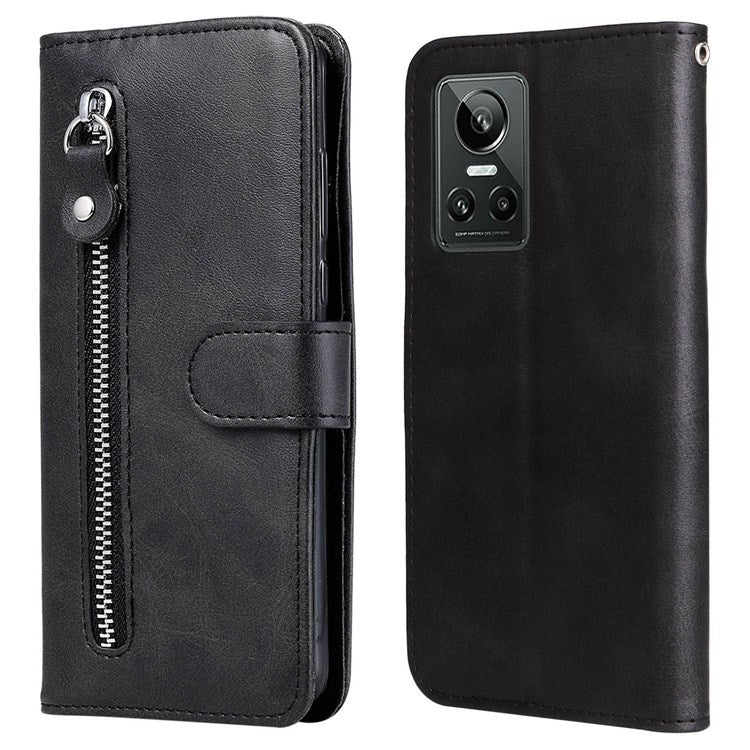 For Realme GT Neo3 5G Shockproof Wallet Phone Case PU Leather Zipper Pocket Flip Stand Design Magnetic Closure Cover - Black