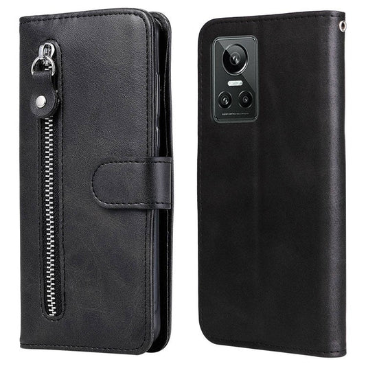 For Realme GT Neo3 5G Shockproof Wallet Phone Case PU Leather Zipper Pocket Flip Stand Design Magnetic Closure Cover - Black