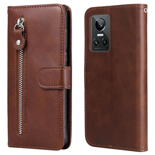 For Realme GT Neo3 5G Shockproof Wallet Phone Case PU Leather Zipper Pocket Flip Stand Design Magnetic Closure Cover - Brown