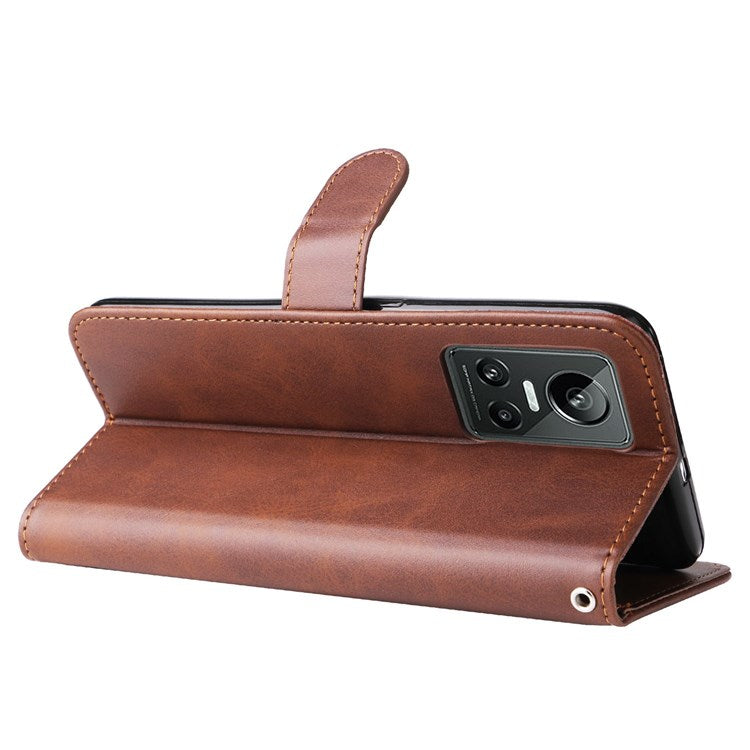 For Realme GT Neo3 5G Shockproof Wallet Phone Case PU Leather Zipper Pocket Flip Stand Design Magnetic Closure Cover - Brown