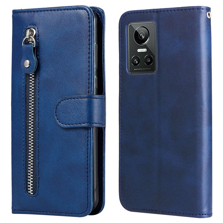For Realme GT Neo3 5G Shockproof Wallet Phone Case PU Leather Zipper Pocket Flip Stand Design Magnetic Closure Cover - Blue