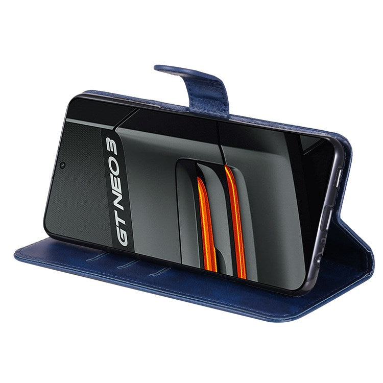 For Realme GT Neo3 5G Shockproof Wallet Phone Case PU Leather Zipper Pocket Flip Stand Design Magnetic Closure Cover - Blue