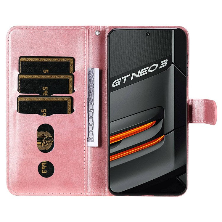 For Realme GT Neo3 5G Shockproof Wallet Phone Case PU Leather Zipper Pocket Flip Stand Design Magnetic Closure Cover - Rose Gold