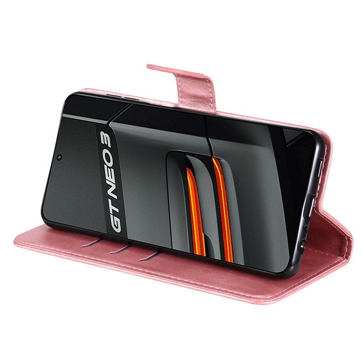 For Realme GT Neo3 5G Shockproof Wallet Phone Case PU Leather Zipper Pocket Flip Stand Design Magnetic Closure Cover - Rose Gold