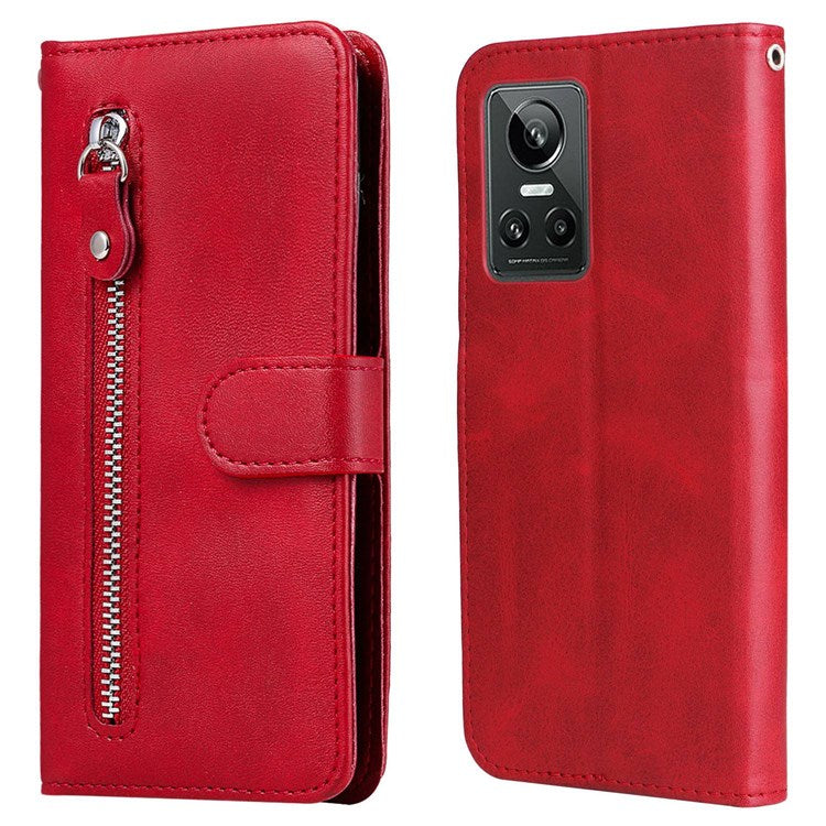 For Realme GT Neo3 5G Shockproof Wallet Phone Case PU Leather Zipper Pocket Flip Stand Design Magnetic Closure Cover - Red
