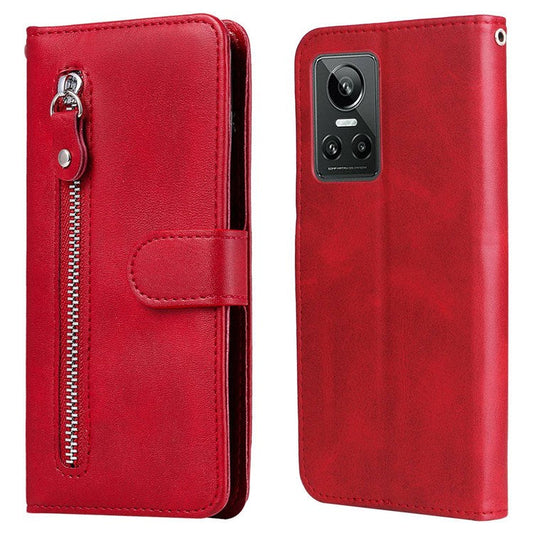 For Realme GT Neo3 5G Shockproof Wallet Phone Case PU Leather Zipper Pocket Flip Stand Design Magnetic Closure Cover - Red