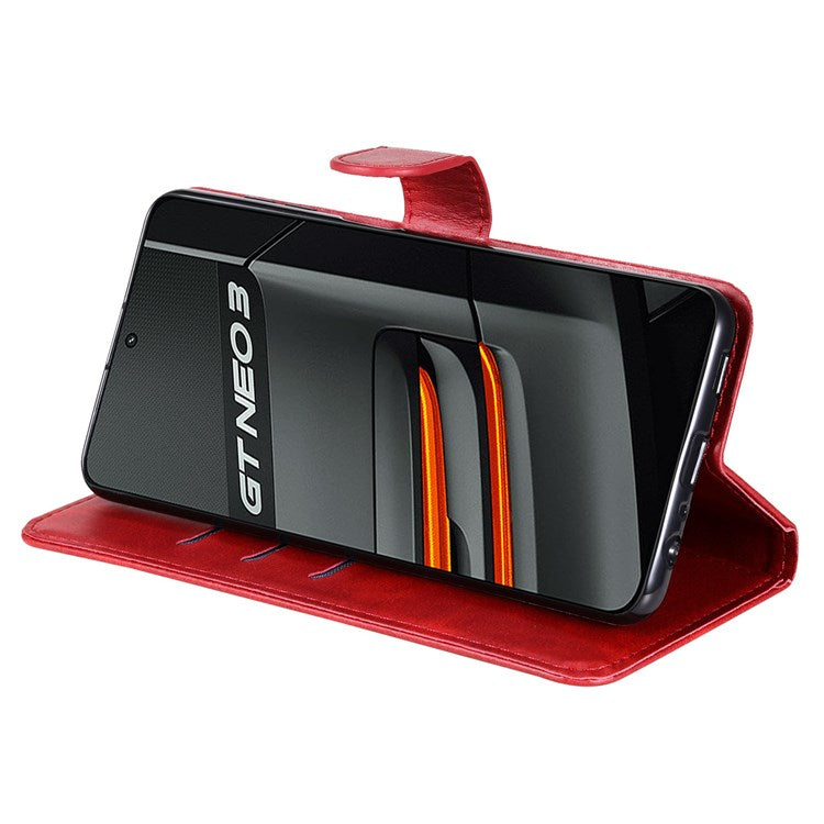 For Realme GT Neo3 5G Shockproof Wallet Phone Case PU Leather Zipper Pocket Flip Stand Design Magnetic Closure Cover - Red