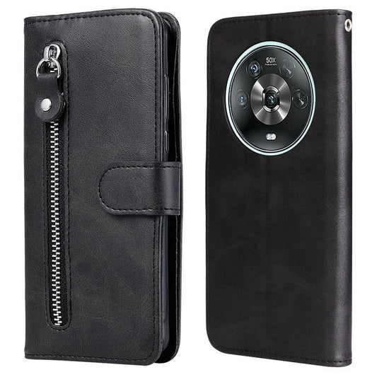 For Honor Magic4 5G/Magic4 Pro 5G Anti-fall PU Leather Wallet Folio Flip Case Zipper Pocket Stand Shockproof Protective Cover - Black